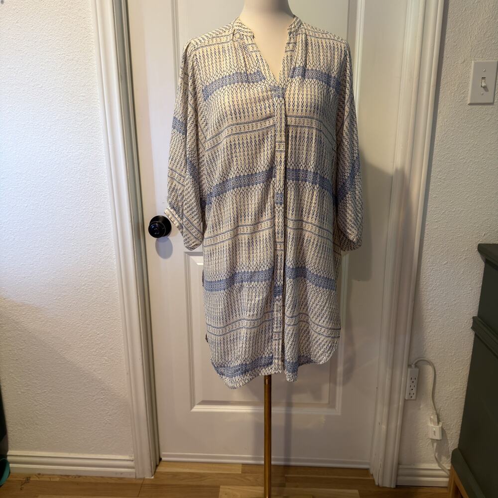 Maeve Anthropologie Blue Ivory Boho Peasant Medium Flowy Oversized Tunic Top